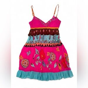 Sue Wong Hot Pink Floral Tiered Summer Dress with Teal Ruffle